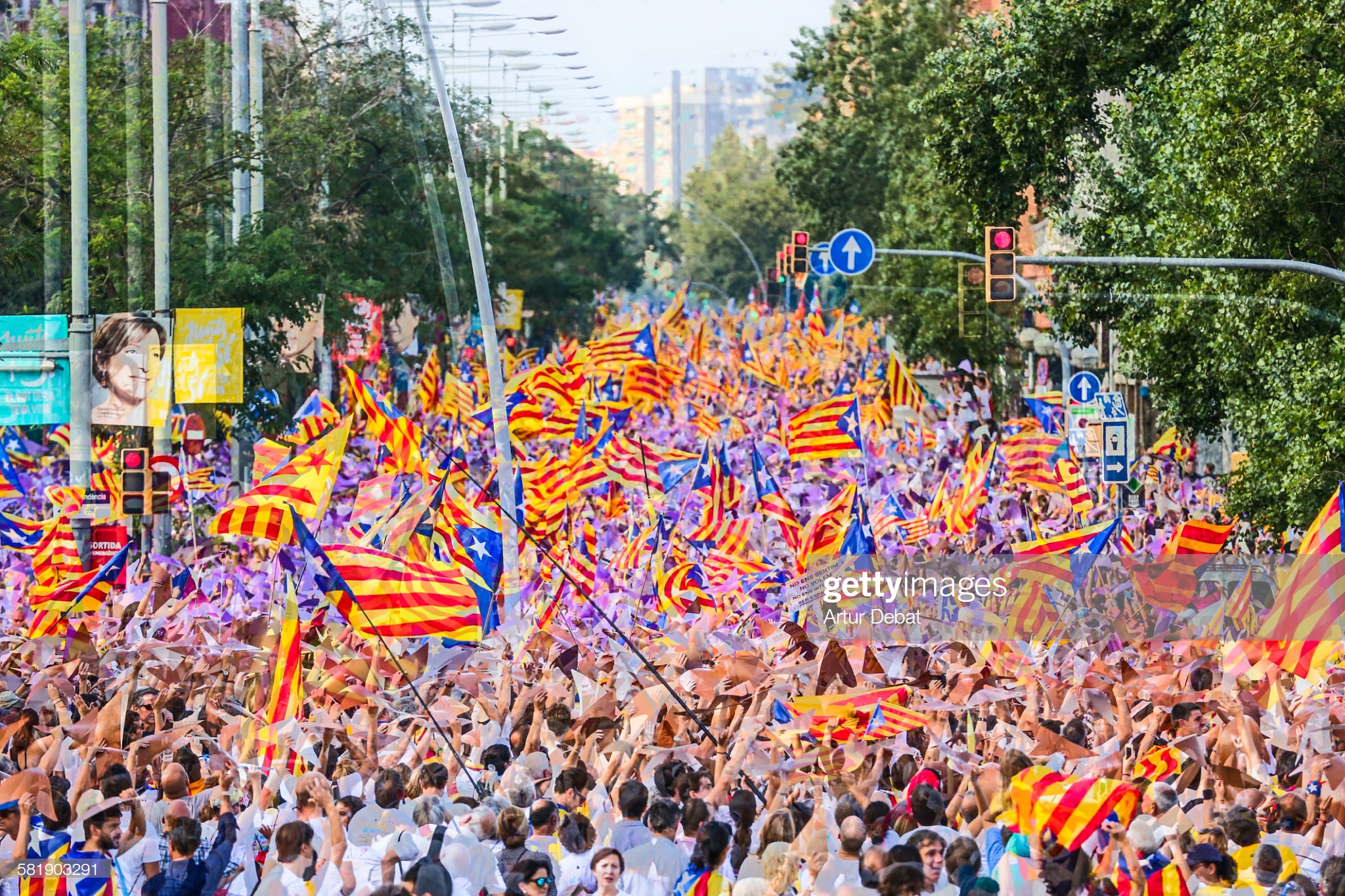 Celebration of the Commemoration of the lost of the Catalonia rights against Spain with a rally pro independence in the Meridiana street in the middle of Barcelona city with more than one million people on the streets spread on more than five kilometres claiming for the independence of Catalonia. September 11th of 2015.