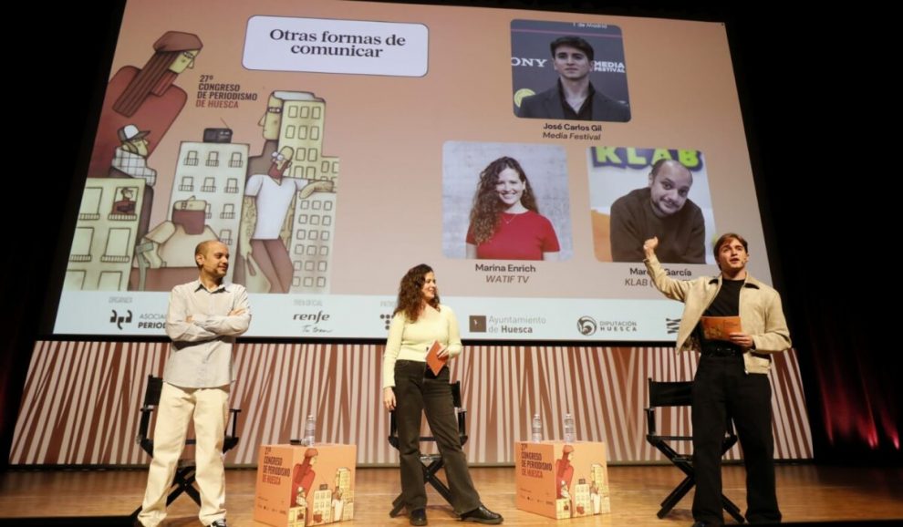 José Carlos Gil, Marina Enrich y Marcos García, en el Congreso de Periodismo de Huesca. FOTO: Congreso de Periodismo de Huesca