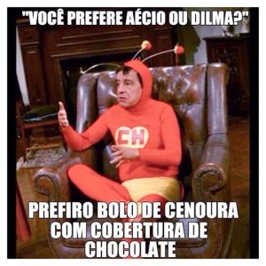 Imagen encontrada en las redes sociales que dice: “Tú prefieres a Aécio o a Dilma?, yo prefiero pastel de zanahoria con cobertura de chocolate”.